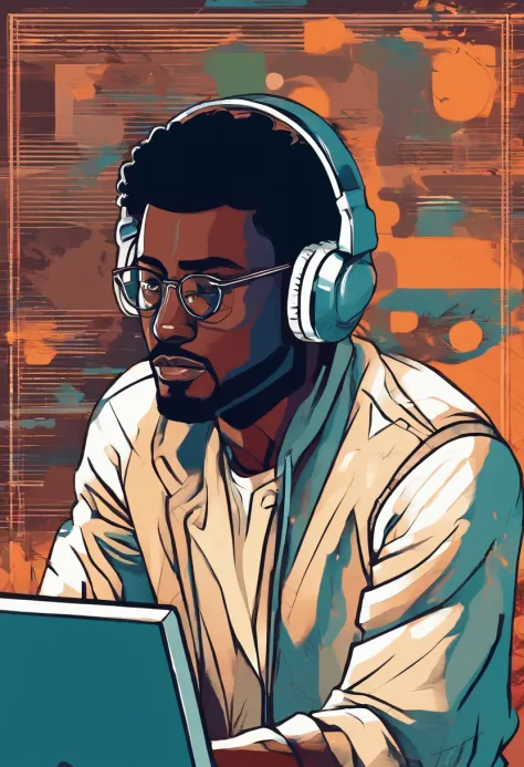 (close-up of a 
dark skin man in front of his computer with a sad expression),illustration,blurry background,detailed face,facial hair,stressed looking eyes,lonely atmosphere,soft natural lighting,high-res,emotional,realistic,dark color palette,subtle shad...