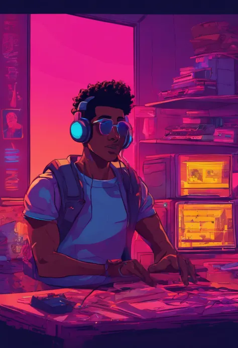 dark skin Boy listening to music in a cozy room at night, Usando fones de ouvido, Anime estilo 2D, Lo-fi, disco Rigido, Ambiente escuro, frente a um computador, livros sobre a mesa, estudando, concentrado, profundidade, 4k, papel de parede, obra prima