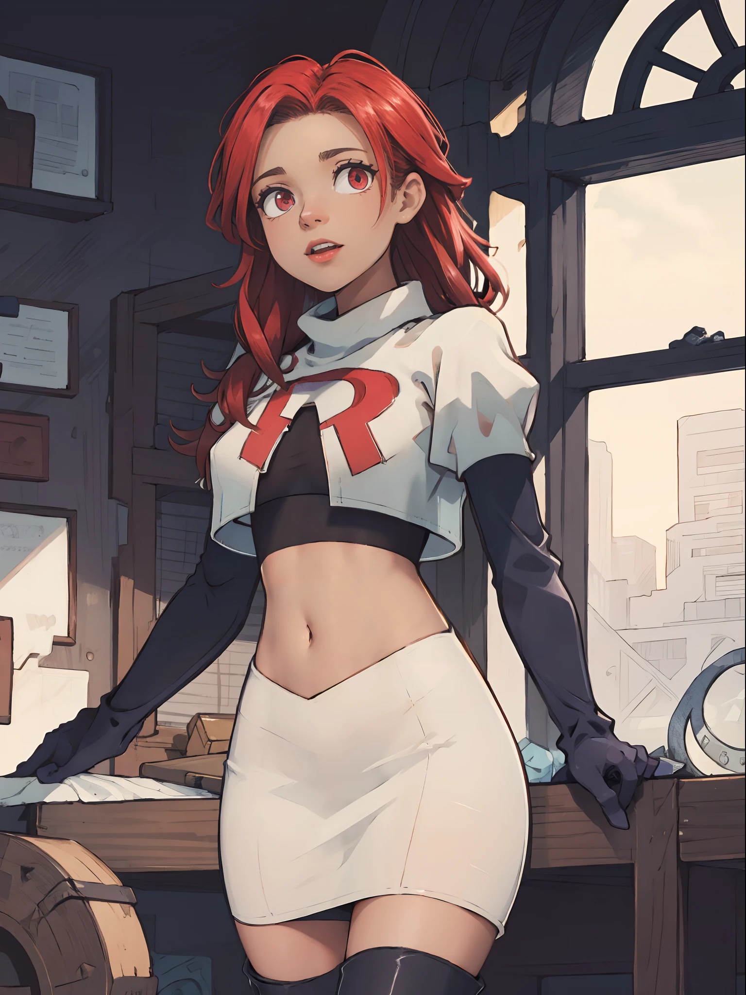 defHapi, team rocket, team rocket uniform, red letter R, white skirt, white crop top, black thigh-high boots, black elbow gloves, looking at viewer