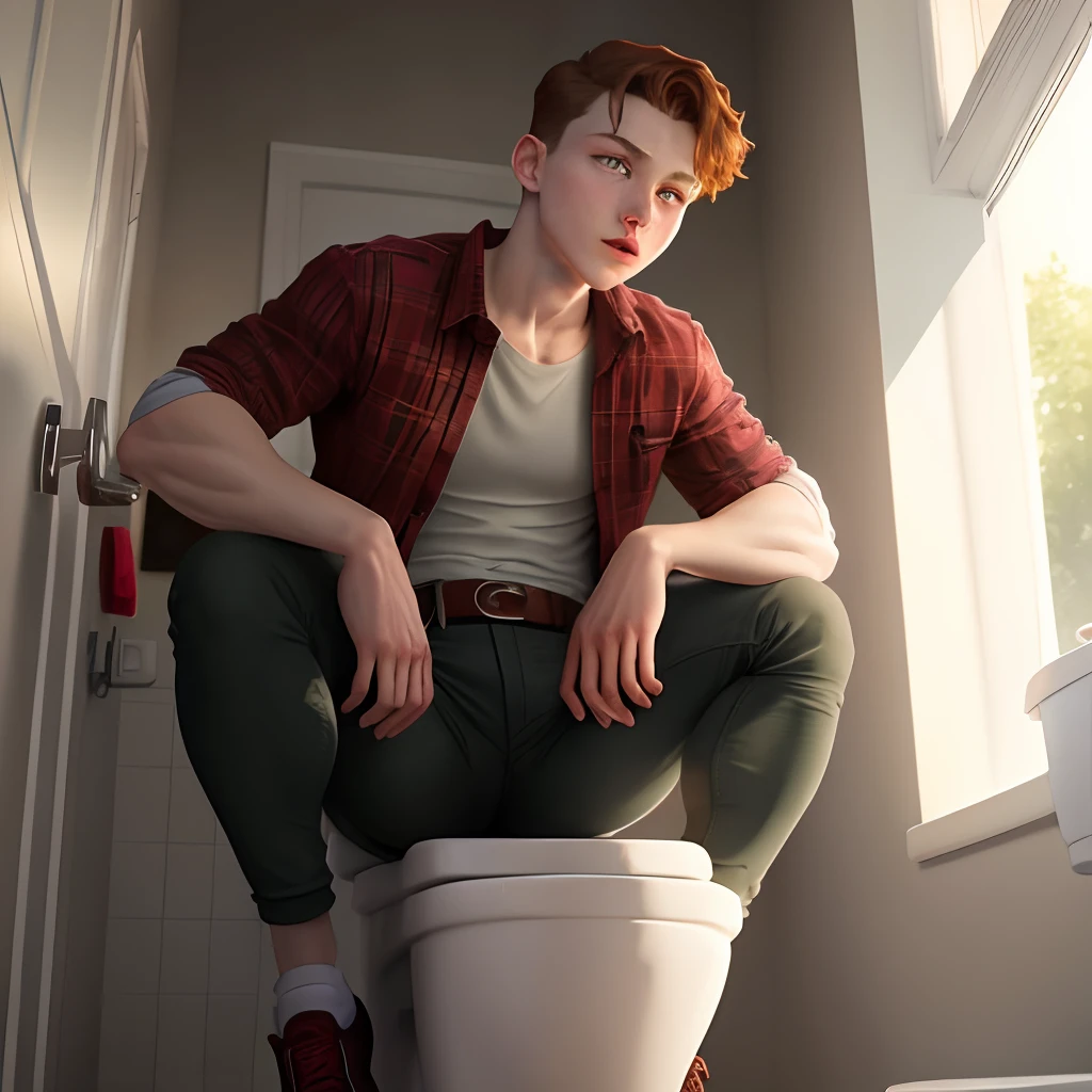 There is a man sitting on a toilet in a bathroom - SeaArt AI