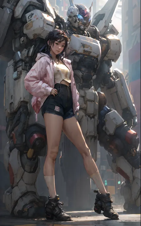Live-action seo of a girl in short shorts and jacket standing next to a giant robot, Illustration in the style of Guweiz, Cyberp...