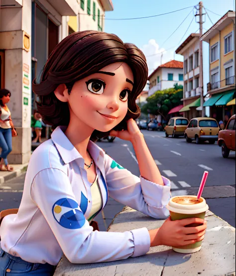 Beautiful 42-year-old Brazilian woman sitting drinking coffee outside on the street in a small café, beautiful face, Short black hair parted from side to the nape of the neck, growing white strands with dark eyes and light eyeshadow, boca fina com batom cl...