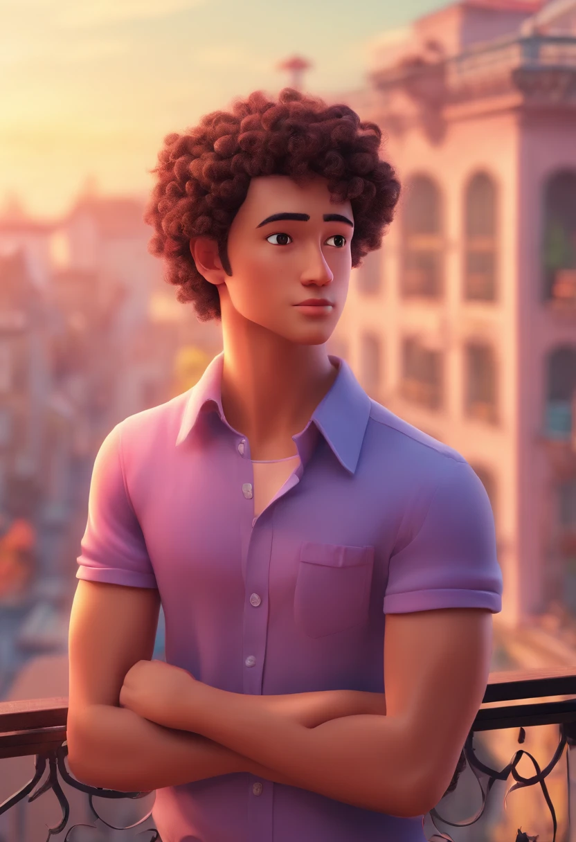 A man with curly hair standing on a balcony in front of a city - SeaArt AI