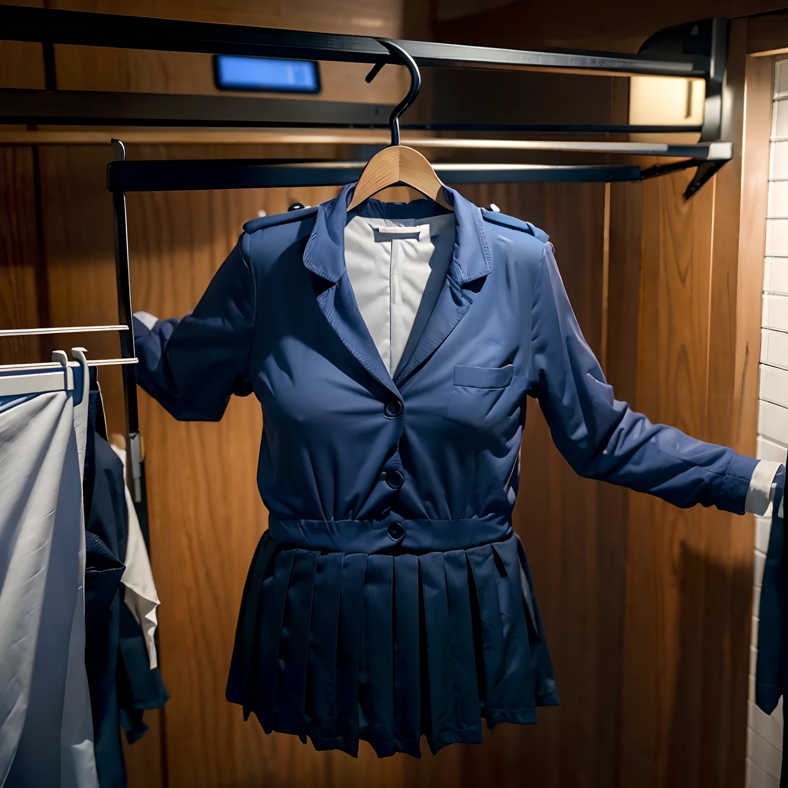 Arafed blue jacket and skirt on a hanger in a closet - SeaArt AI