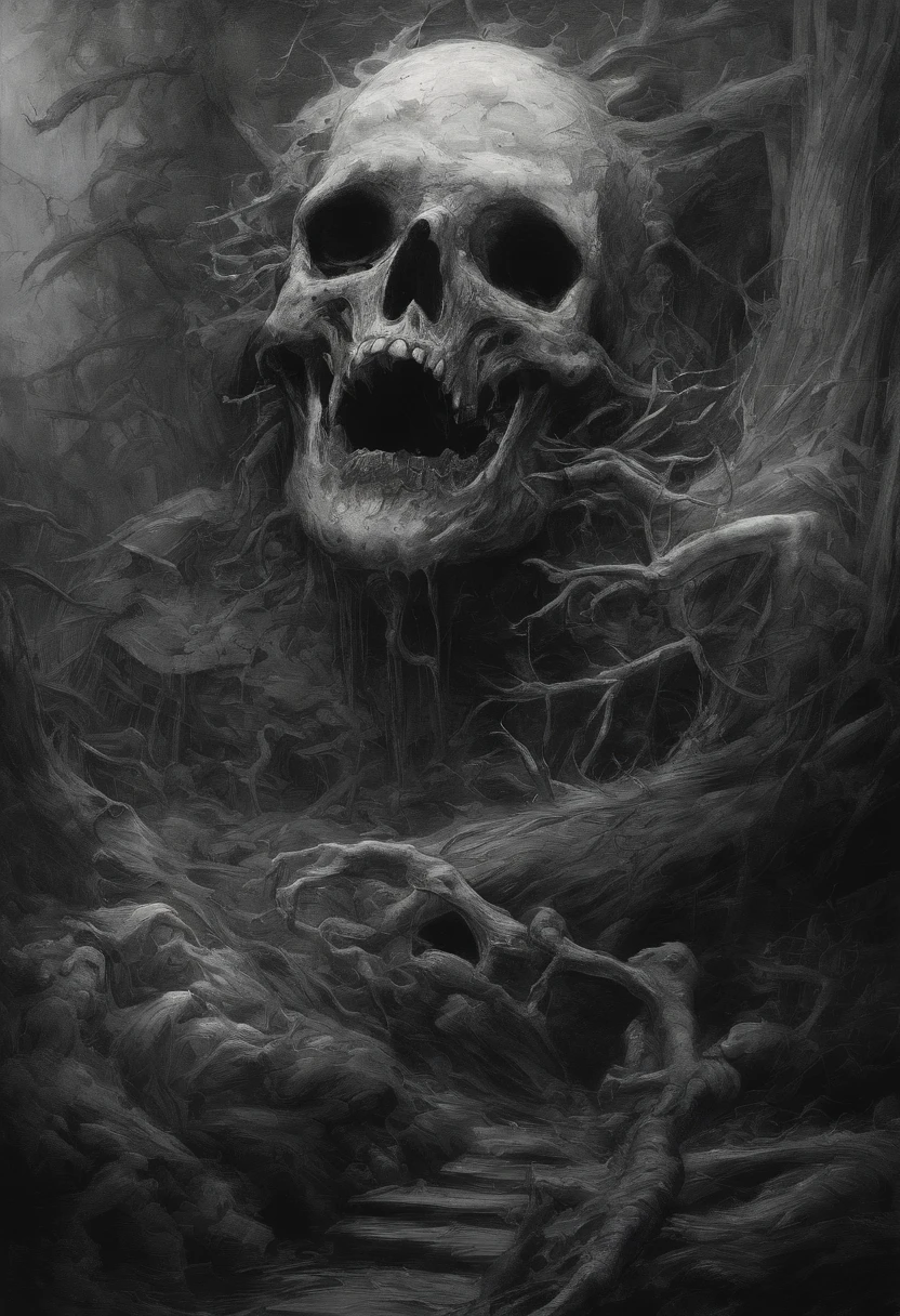 A black and white image of a skull in a forest - SeaArt AI