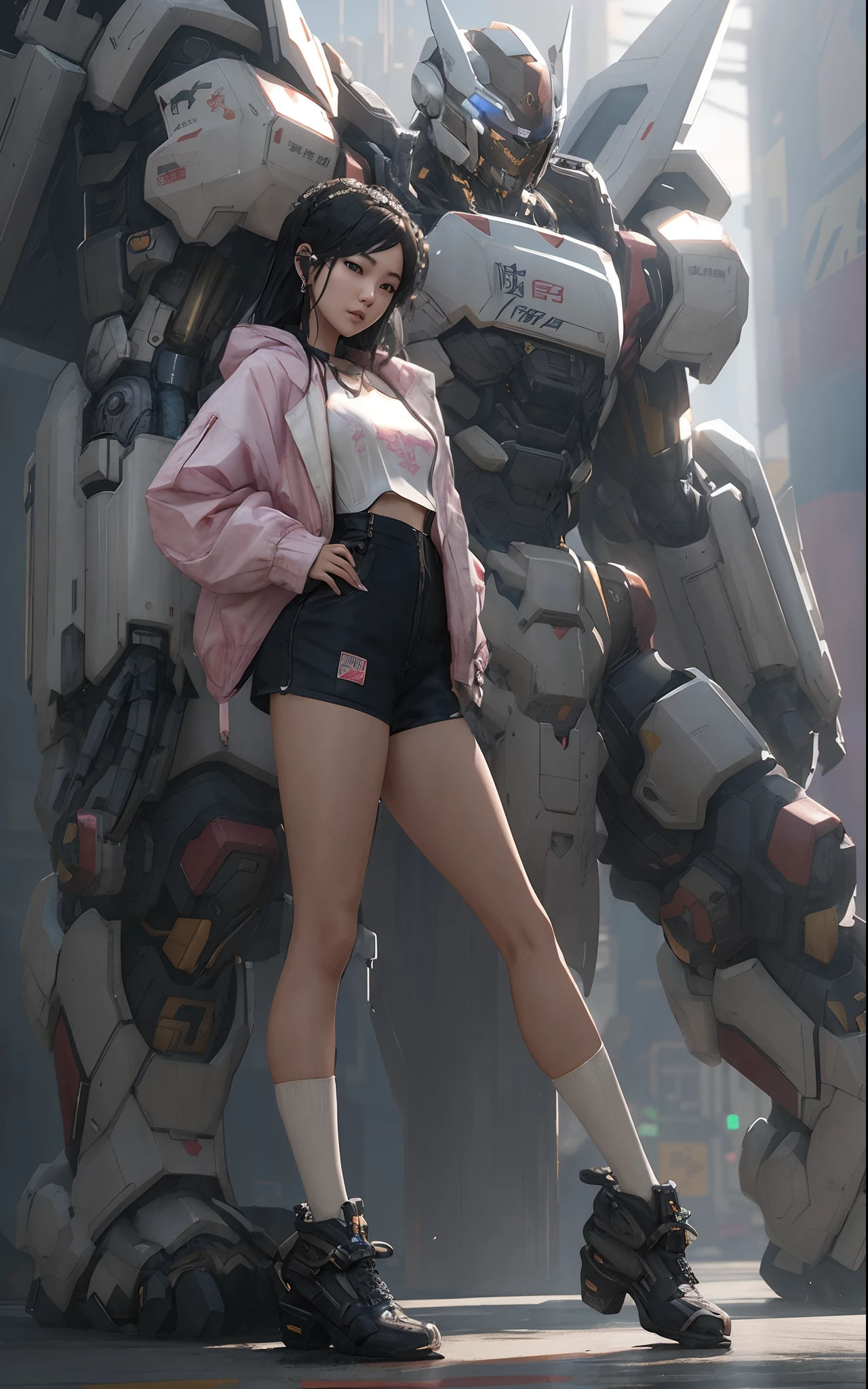 Una chica con pantalones cortos y una chaqueta junto a un robot gigante SEO de acción real.., Ilustración en estilo Guweiz, Chica ciberpunk española mech, Estación G, guweiz, en la puerta : Russell Dongjun Lu, Arte ciberpunk digital, Ross Tran 8K, guweiz en artstation pixiv , Mecha Cyber Armor GirlFotos de alta calidad y contraste, Motor irreal 5, amplio ángulo de visión, profundidad de campo, Máscaras hiperdetalladas, corrección de color, detalles locos, corrección de color, hyperrealism, natural (Calidad superior, obra maestra, 4k, El ultra detallado, tenso) Enfoque, 8K , alta definición, Es increíblemente detallado y complejo..: 1.2)