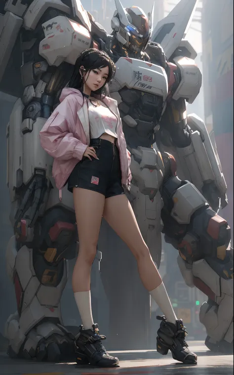 A girl in short shorts and a jacket stands next to a giant robot live-action SEO.., Illustration in the style of Guweiz, Cyberpu...