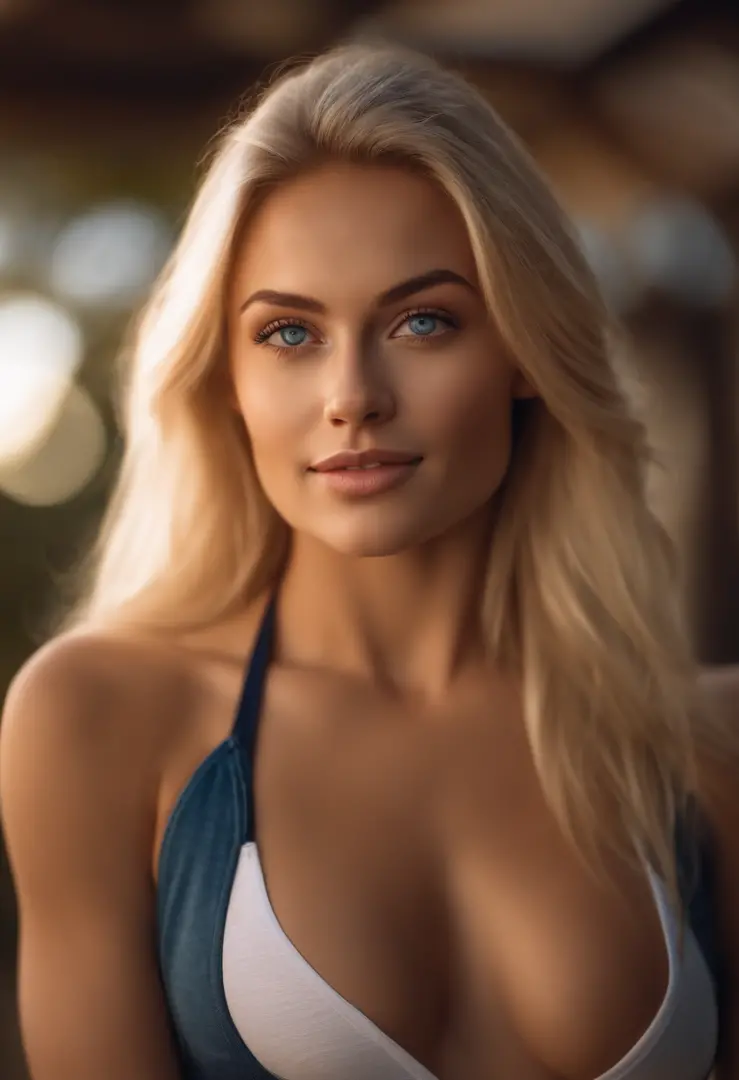 blonde woman, fitness lady about 23 years old, in tight denim shorts and a small white bikini top, blue eyes, Photorealistic