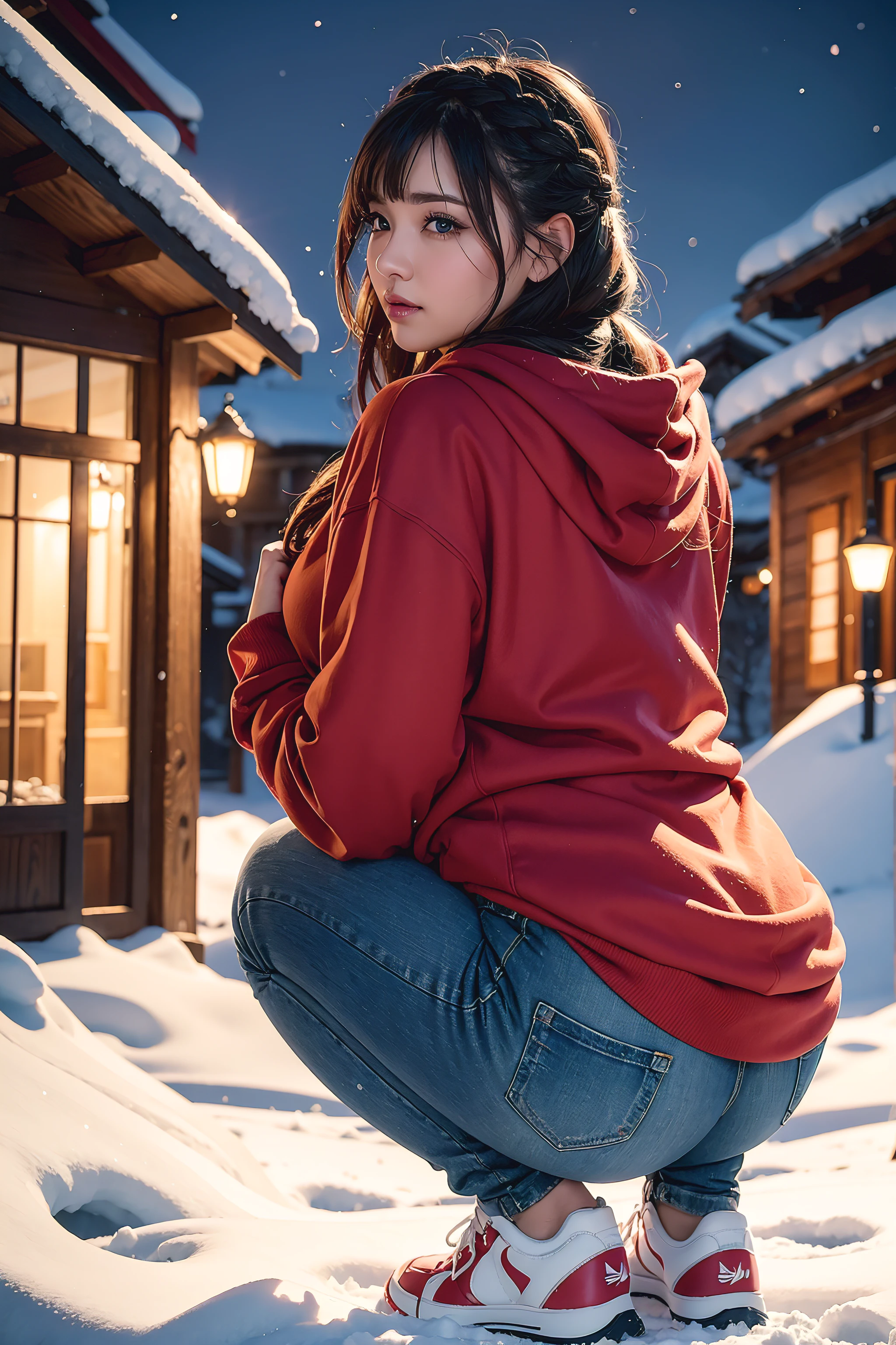 Beautiful sensual woman with a curvy body, long hair, bangs, french braid, wide waist, fitting breasts, curvy accentuated booty, sparkling eyes, long eyelashes, Strong calves, shy Look, taniaayusiregar, She wears a red hoodie, jeans, belt, sneakers in yellow, squatting in the snow of a small Mountain village, evening in Winter, photorealistic, Masterpiece, bokeh, Volumetric lighting, winter season atmosphere, full body shot from the back