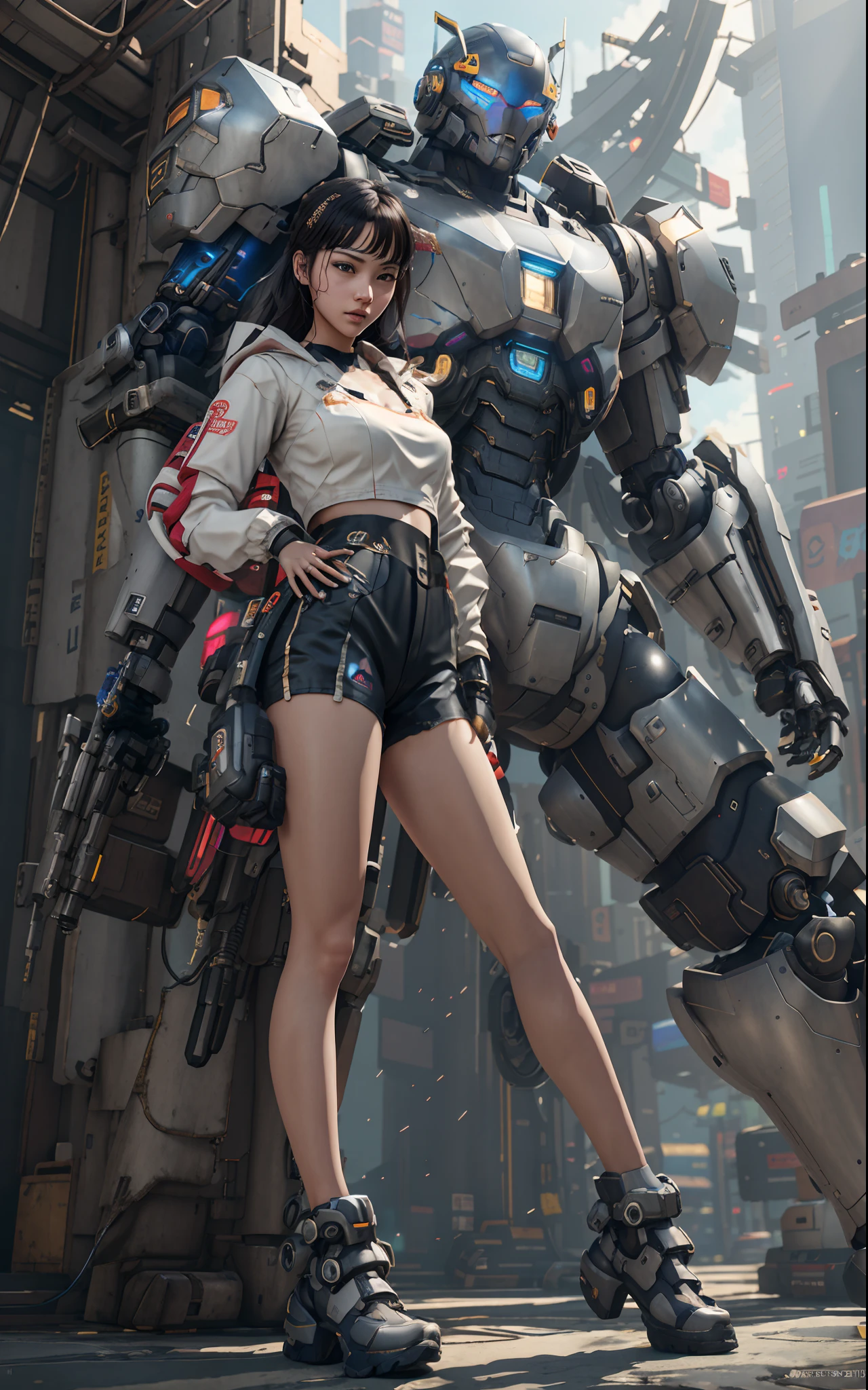 A girl in short shorts and a jacket stands next to a giant robot live-action SEO..., Illustration in the style of Guweiz, Cyberpunk 16 Year Old Spanish Girl Mech, G-Station, guweiz, in door : Russell Dongjun Lu, Digital Cyberpunk Art, Rostran 8K, Guweiz at Artstation Pixiv , Mecha Cyber Armor GirlHigh Quality and Contrast Photos, unreal engine 5, Wide angle of view, Depth of field, Ultra-detailed skins, Color Correction, Crazy details, Color Correction, hyperrealism, lifelike (Top  Quality, Masterpiece, 4k, The ultra-detailliert, edgy) Focusing, 8K , High definition, It's incredibly detailed and complex.: 1.2)