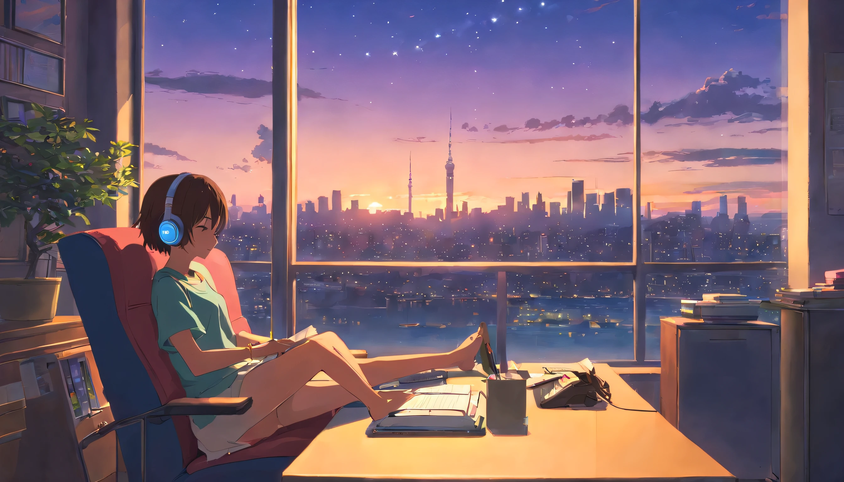 portlate、512、lo-fi、Girl in headphones sitting on a chair、Napping at your desk、Eyes closed、City view outside the window、early evening、PastelColors、Painting