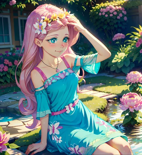 fluttershy, fluttershy from equestria girls, fluttershy in the form of a girl, lush breast, pink long wavy hair, soft smile, flo...