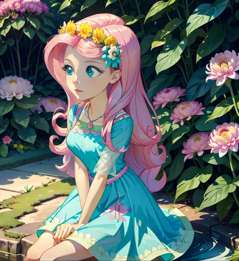 fluttershy, fluttershy from equestria girls, fluttershy in the form of a girl, lush breast, pink long wavy hair, soft smile, flo...