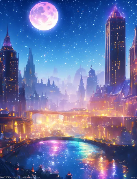 Colorful Metropolitan Museum of Art、River painting with stars and moon in rainbow sky、the met、Shining skyscrapers、Shine across the board、Skyscrapers、Concept art inspired by Mitsuoki Tosa、pixiv contest winners、top-quality、Fantasyart、beautiful anime scene、Br...