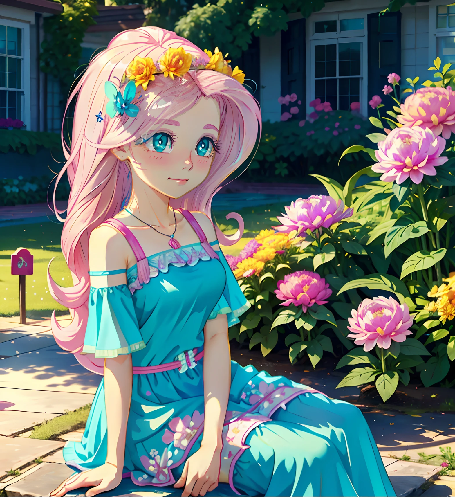 Fluttershy, fluttershy from equestria girls, fluttershy in the form of a girl, lush breast, pink long wavy hair, soft smile, flowers, butterflies, (top quality, masterpiece, ultra-realistic), rainy day, raining, wet ground, puddle, indoor botanical garden, dome, lots of flowers, dense mass plants, the background landscape is a garden with petals, Dahlia peony flowers everywhere, turquoise eyes, turquoise eyeshadow, green dress, butterfly hair clip, derailed lighting, sunlight, yellow pure light, sitting, heavenly plants, hanging planters, bright rays, ((flower crown))