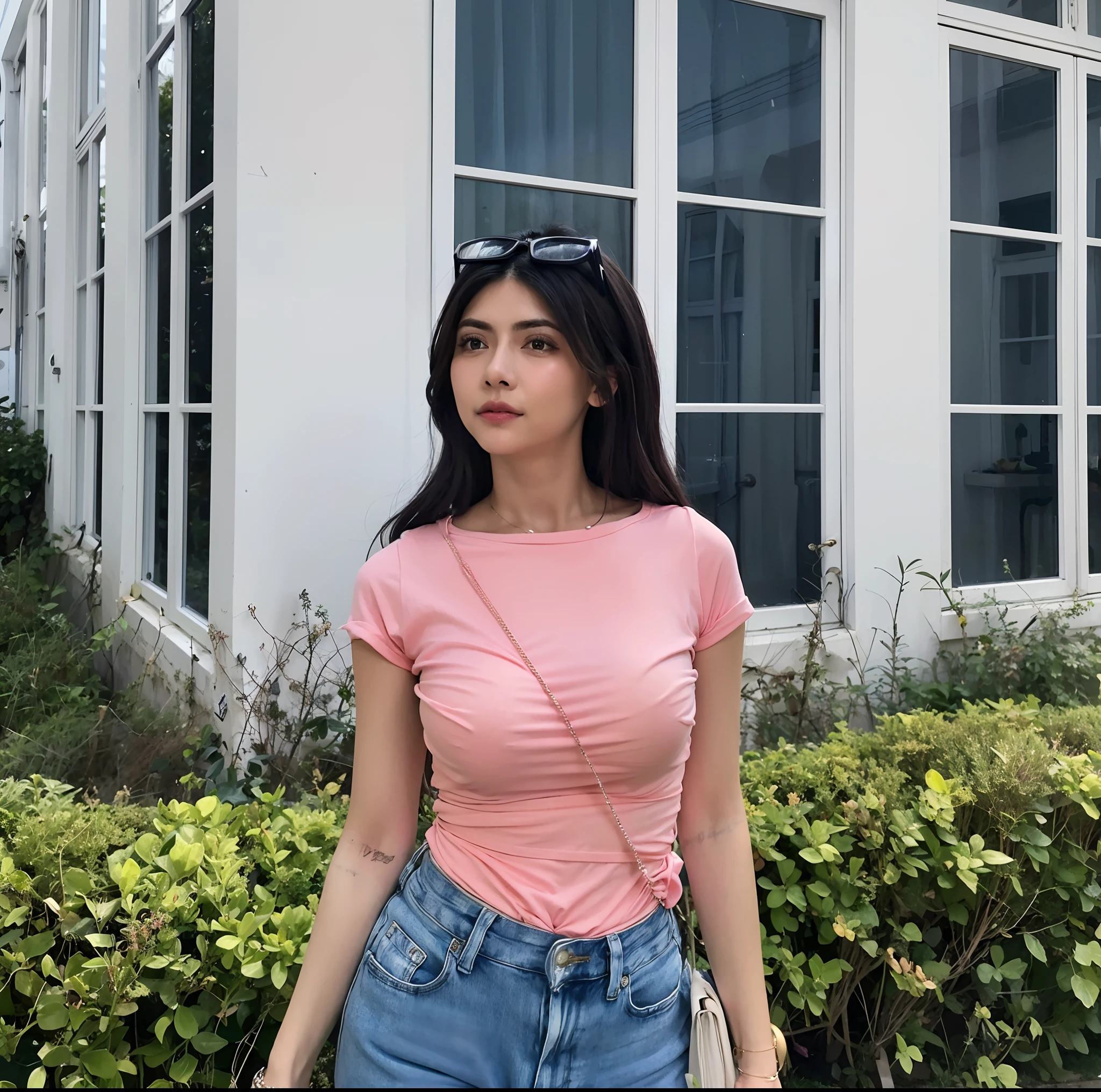 A woman in a pink shirt and jeans standing in front of a building - SeaArt  AI