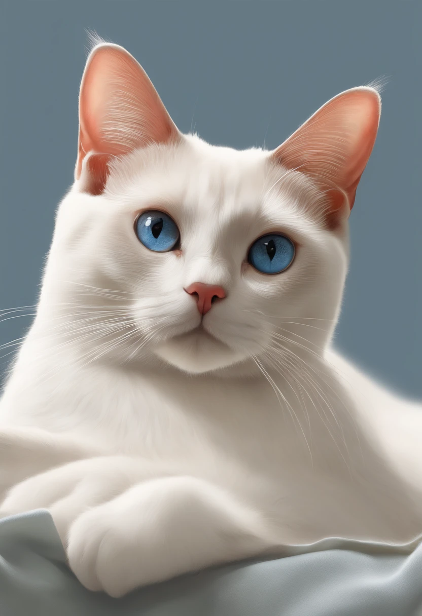 There is a white cat with blue eyes laying on a bed - SeaArt AI