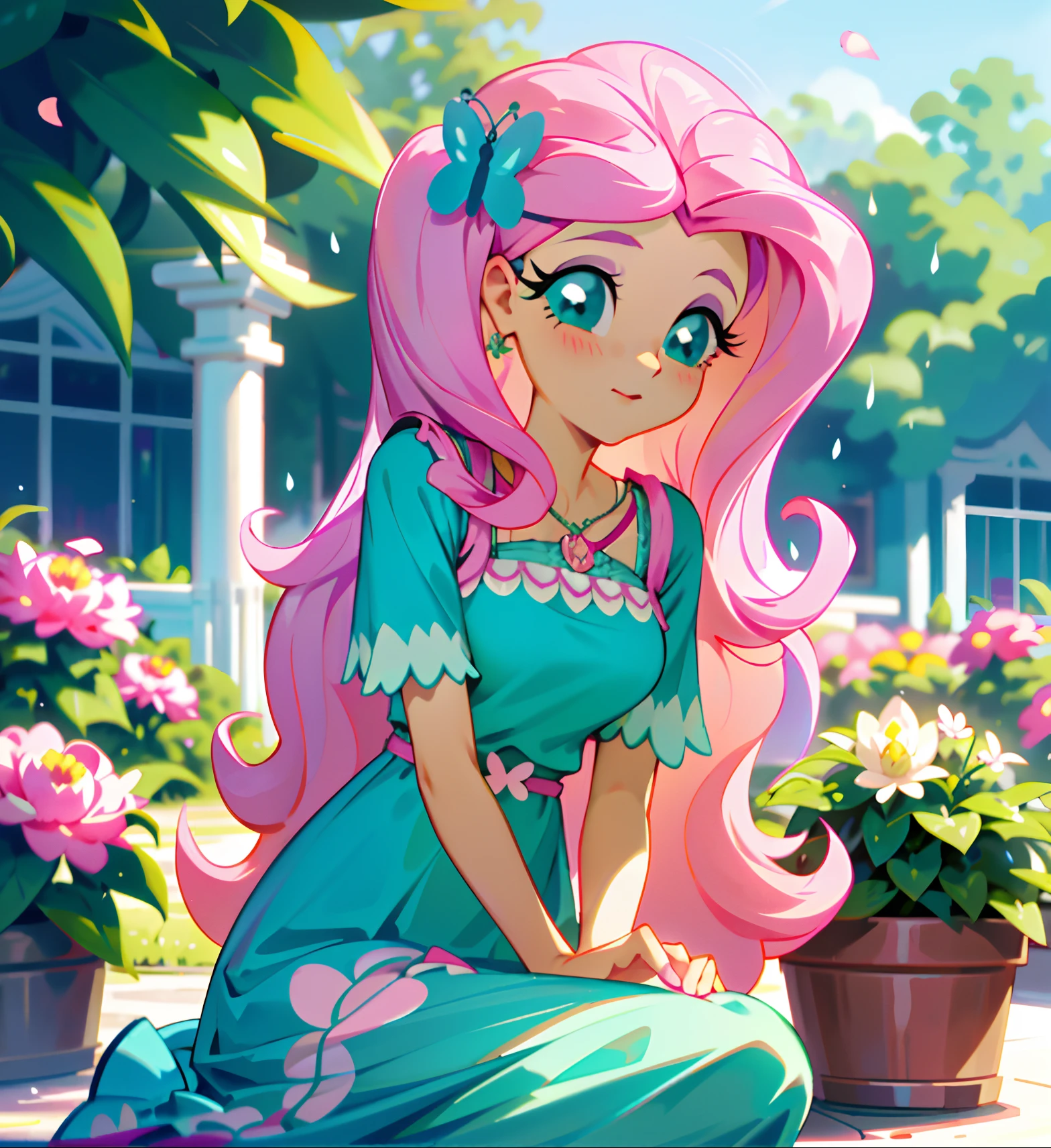 Fluttershy, fluttershy from my little pony, fluttershy in the form of a girl, lush breast, pink long wavy hair, soft smile, flowers, butterflies, (top quality, masterpiece, ultra-realistic), rainy day, raining, indoor botanical garden, dome, lots of flowers, dense mass plants, the background landscape is a garden with petals, Dahlia peony flowers everywhere, turquoise eyes, turquoise eyeshadow, green dress, butterfly hair clip, detailed lighting, sunlight, yellow pure light, sitting, heavenly plants, hanging flower pots, pink and green flowers everywhere, flower crown