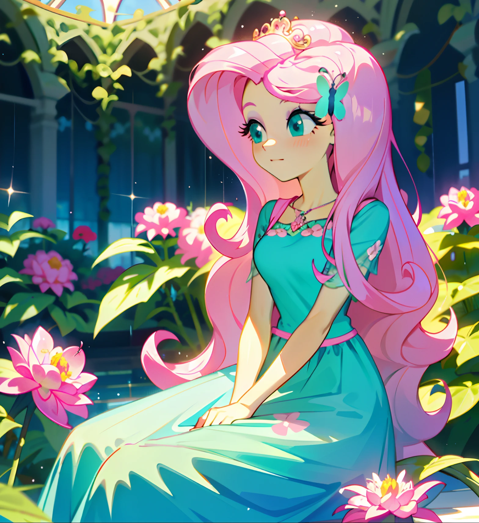 Fluttershy, fluttershy from my little pony, fluttershy in the form of a girl, lush breast, pink long wavy hair, soft smile, flowers, butterflies, (top quality, masterpiece, ultra-realistic), rainy day, raining, indoor botanical garden, dome, lots of flowers, dense mass plants, the background landscape is a garden with petals, Dahlia peony flowers everywhere, turquoise eyes, turquoise eyeshadow, green dress, butterfly hair clip, detailed lighting, sunlight, yellow pure light, sitting, heavenly plants, hanging flower pots, pink and green flowers everywhere, flower crown