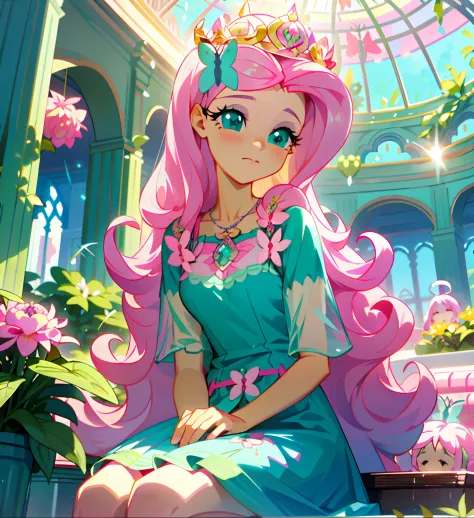 Fluttershy, fluttershy from my little pony, fluttershy in the form of a girl, lush breast, pink long wavy hair, soft smile, flow...
