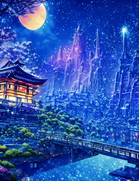 colorful metropolitan museum of art、river painting with stars and moon in rainbow sky、the met、shining skyscrapers、shine across t...