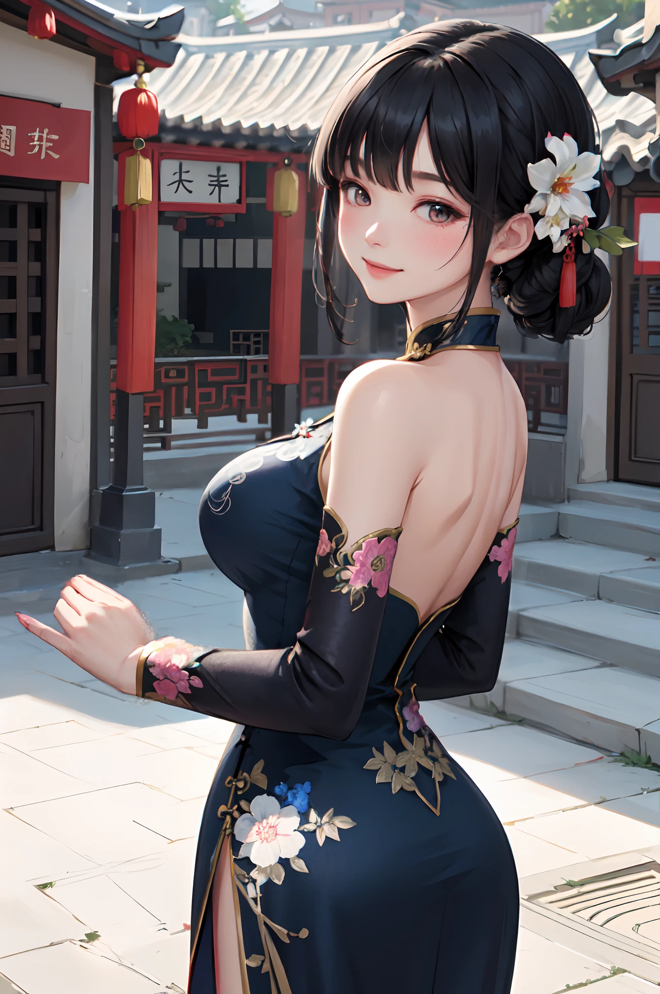 1lady solo, /(Chinese dress with floral embroidery/) deep blue dress, mature female, /(black hair/) bangs, blush kind smile, (masterpiece best quality:1.2) delicate illustration ultra-detailed, large breasts BREAK /(traditional townscape in China/), outdoors, detailed back ground