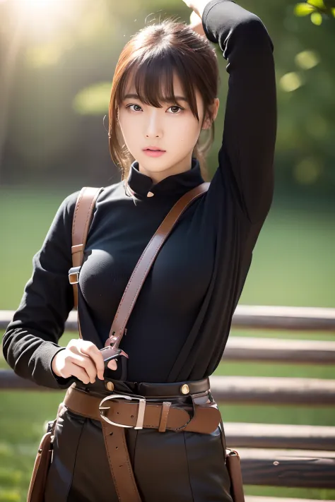 ​masterpiece、flat-colors、depth of fields、lens flare 1 girl、、Brown hair、watching at viewers　　　　a belt　black suspenders　　　large fu...