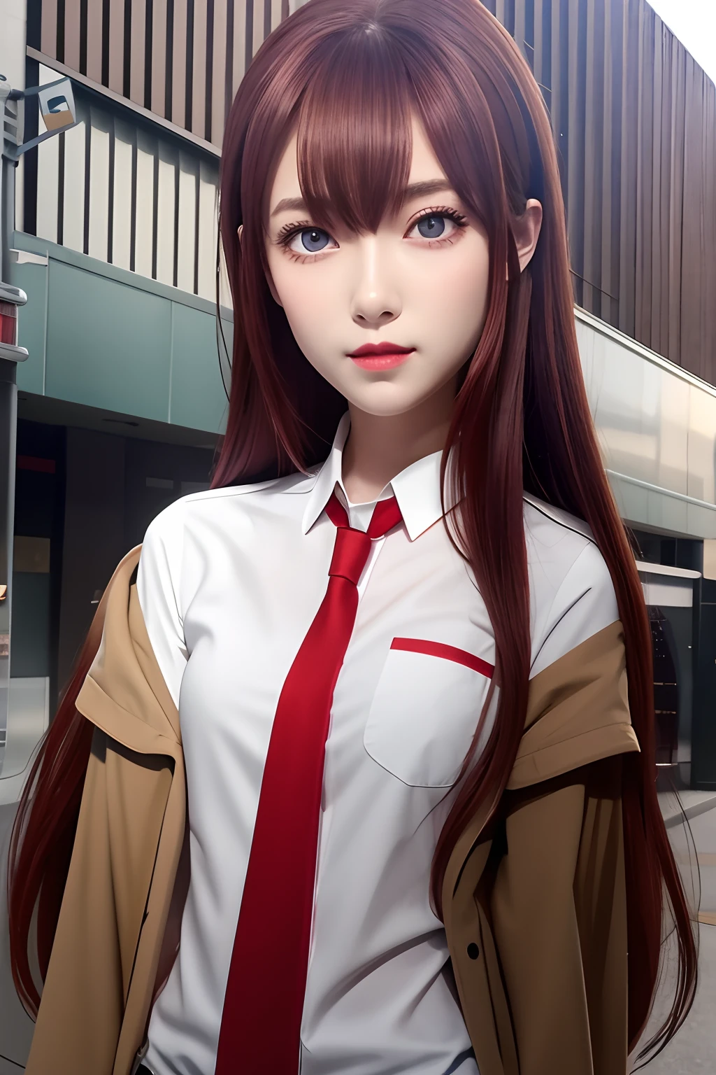 top-quality, 8K, ultra-detailliert, Photorealsitic, brown_hair,Collared_Shirt,jaket,long_sleeves,makise_kurisu,standingn,Red_neck tie,独奏,1girll,white_Shirt,Perfect face,Red_hair,Purple_Eyes,((red blush)),The upper part of the body,(Close_Mouth)