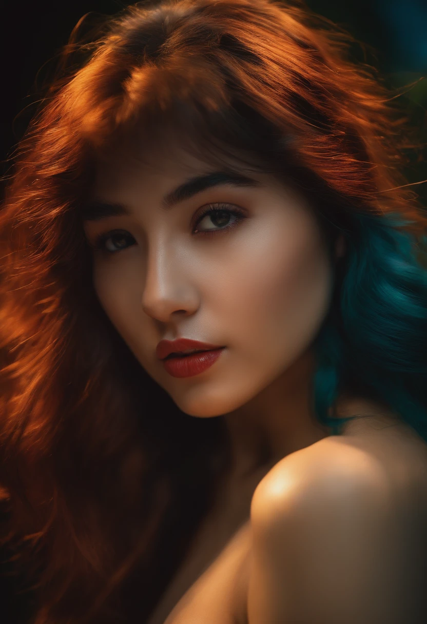 A close up of a woman with long red hair and a blue dress - SeaArt AI