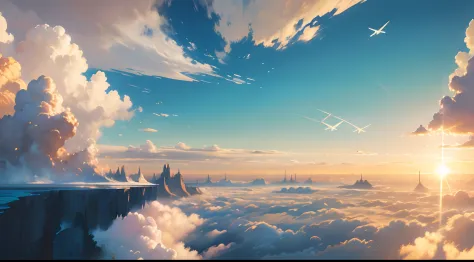 (Best quality,4K,A high resolution,Masterpiece:1.2),Ultra-detailed,Realistic,Photorealistic:1.37, wispy clouds, A sense of freedom and adventure, The sunlight casts a warm golden glow, The breeze blows the course of the paper airplane, Stunning aerial view...