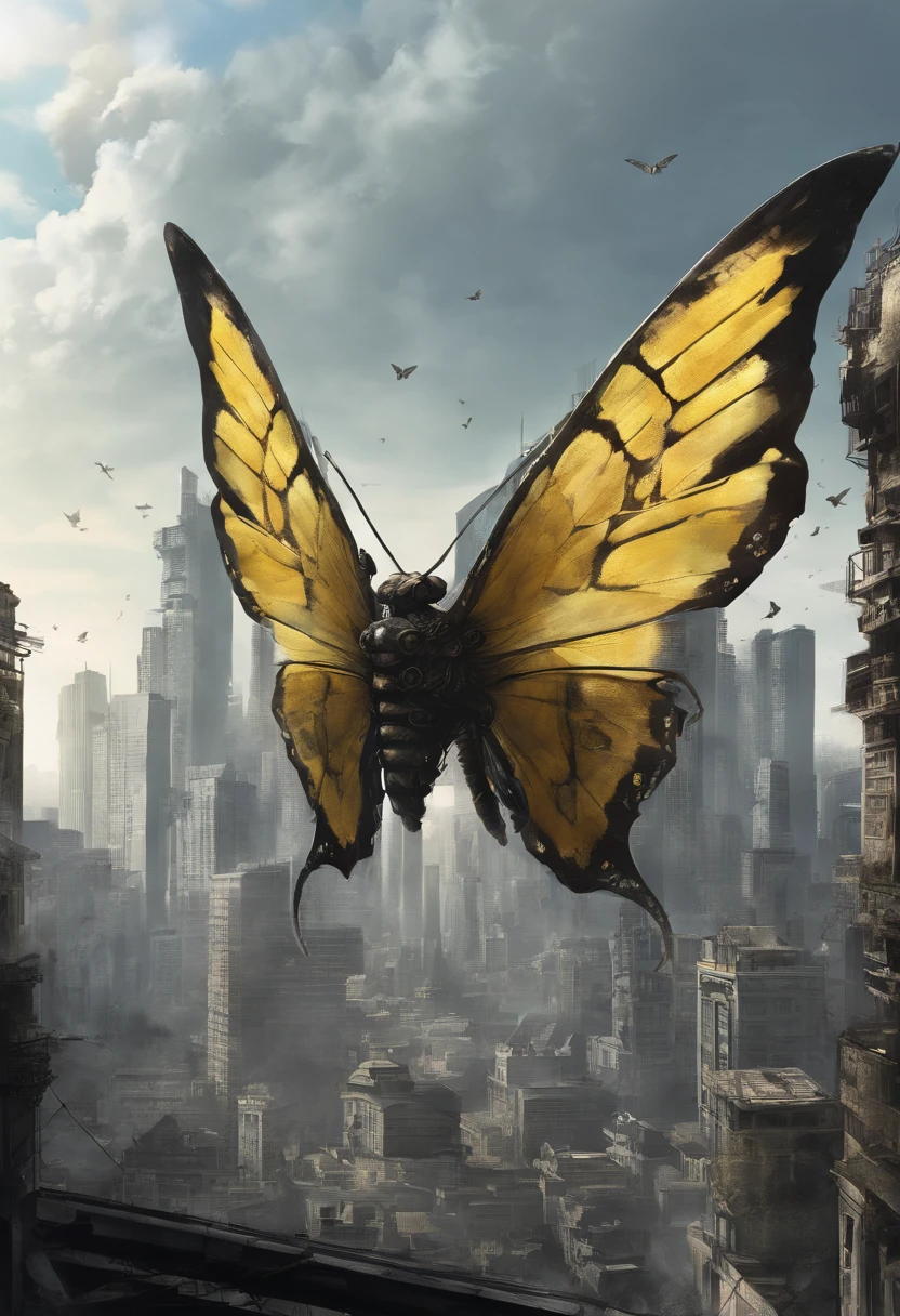 HD clear, best images, illustration quality, super detailed, butterfly monster, skinny shape, wasp-like monster, yellow and black scale covering the whole body, big leafs running through the body, tail with vine at the end, sharp claws and fangs, rainbow wings, perfect body shape, destroying a city, with a ruined city in the background ((concept art)), Giant moths