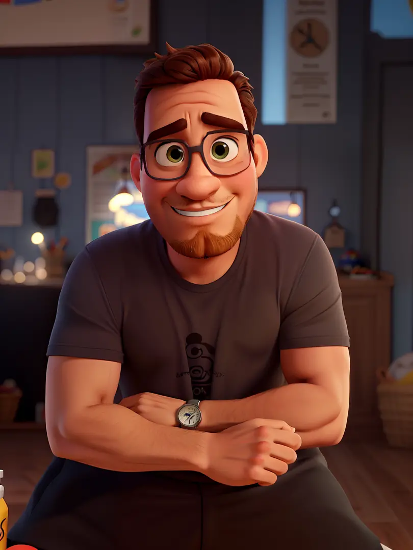 Poster no estilo Disney pixar, alta qualidade, melhor qualidade, homem sexy moreno, 36 anos cabelo grisalho barba preta, musculoso, com fundo em uma natureza