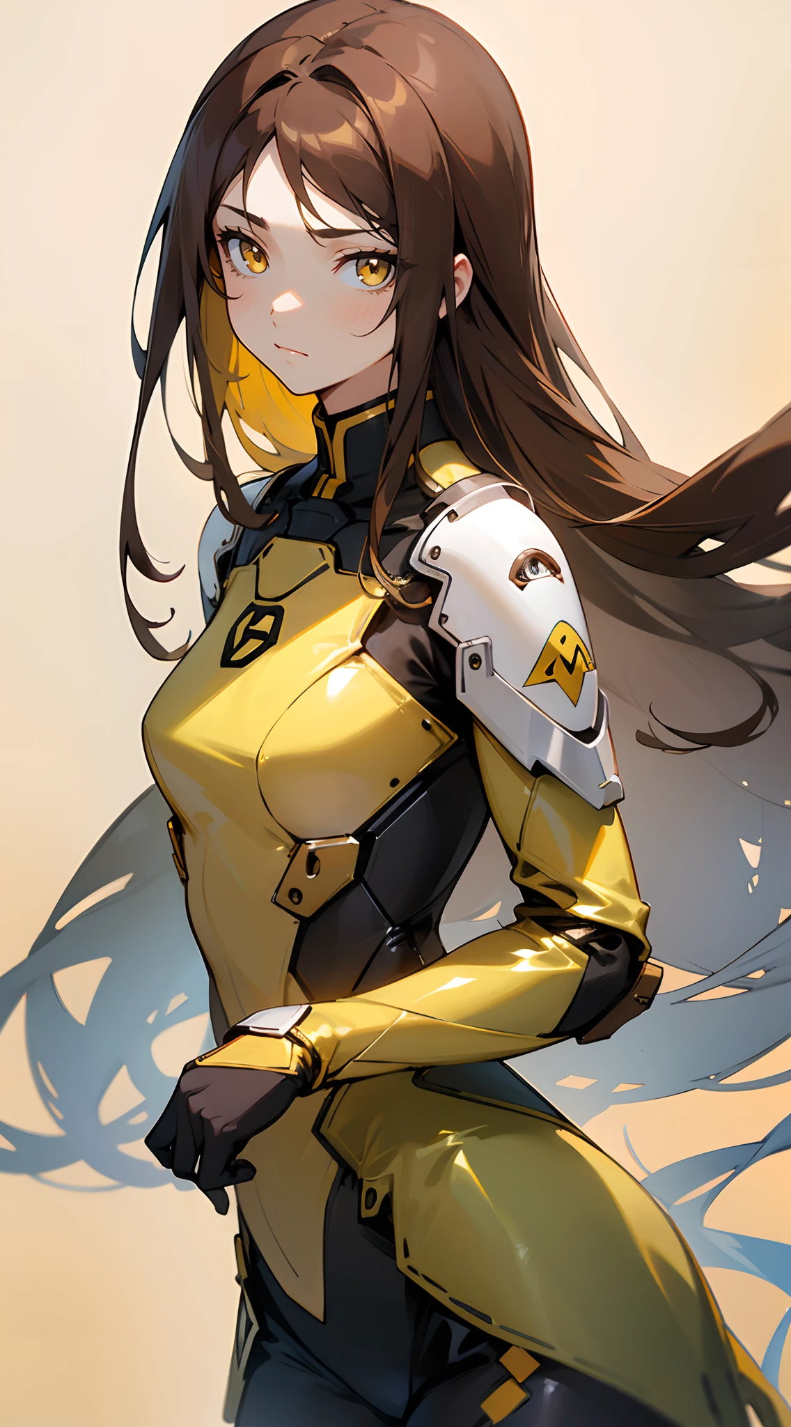 Beautiful woman , very long hair , dark brown hair , gold eyes , lean body , yellow under hair,  expressive  eyes,  figure, age 26

(masterpiece, best quality )detailed, 1Character ,  pastel washed out colors , cell shade , soft, muted shades ,gentle colors , 


Wearing a mix of sword art online and futuristic style clothes ,