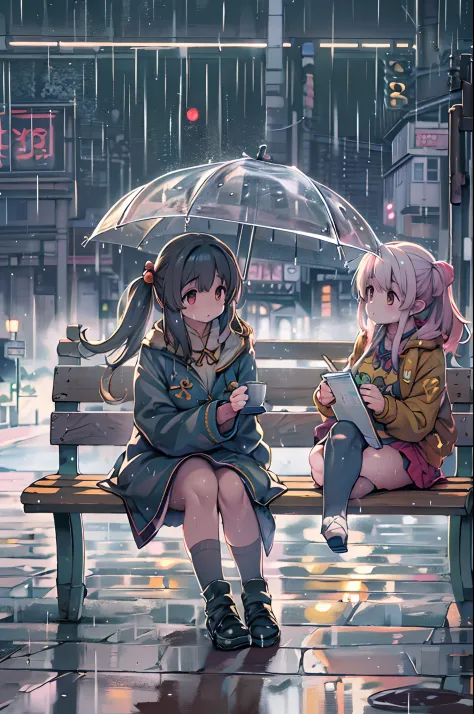 Two girls,under the rain、Anime characters sitting on a bench under an umbrella, Sateen!, Sateen!!, Kantai Collection Style, Sate...