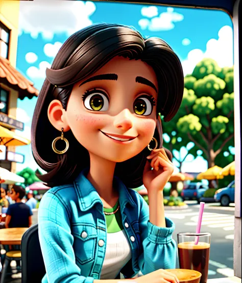 Beautiful Brazilian woman sitting and drinking coffee outside on the street side in a small café, beautiful face, Short black hair to the nape of her neck with brown eyes and heavy eyeshadow, Wearing jeans and a black polo shirt, grande estilo de moda, loo...