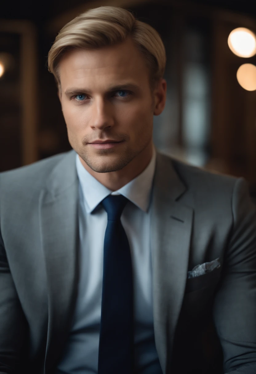 Fair complexion, Male about 3, Natural blonde hair, Distinctive blue eyes, Wearing Kohl, slender and graceful, beutiful, Cabinet furniture, ultra sharp focus, realistic shot, Clothing Classic Three-piece Suit, Notebook colors