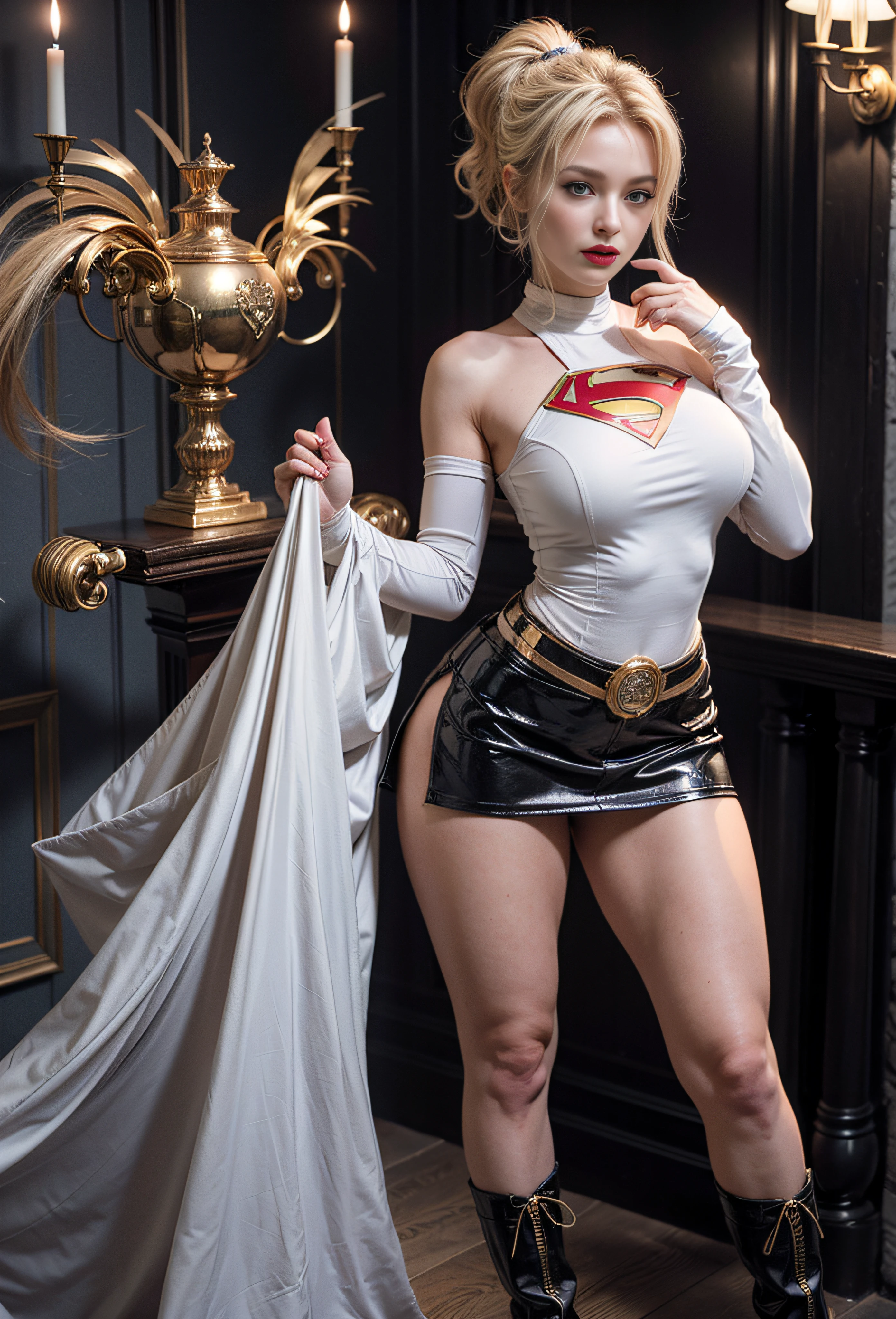 4k, realistic, charismatic, very detailed, there is a girl in the sky, dressed in a super girl costume, she is a super girl, superhero theme, blonde short hair, ponytail, 20 years, full body, (detail in the eyes), (detail in the face), incredibly beautiful, blue eyes, blush, makeup, red lipstick, miniskirt, (wide hips),  (thick thighs), small breasts, dress,, seductive pose, (extreme hourglass figure), thin, svelte, white skirt, boots, tight t-shirt