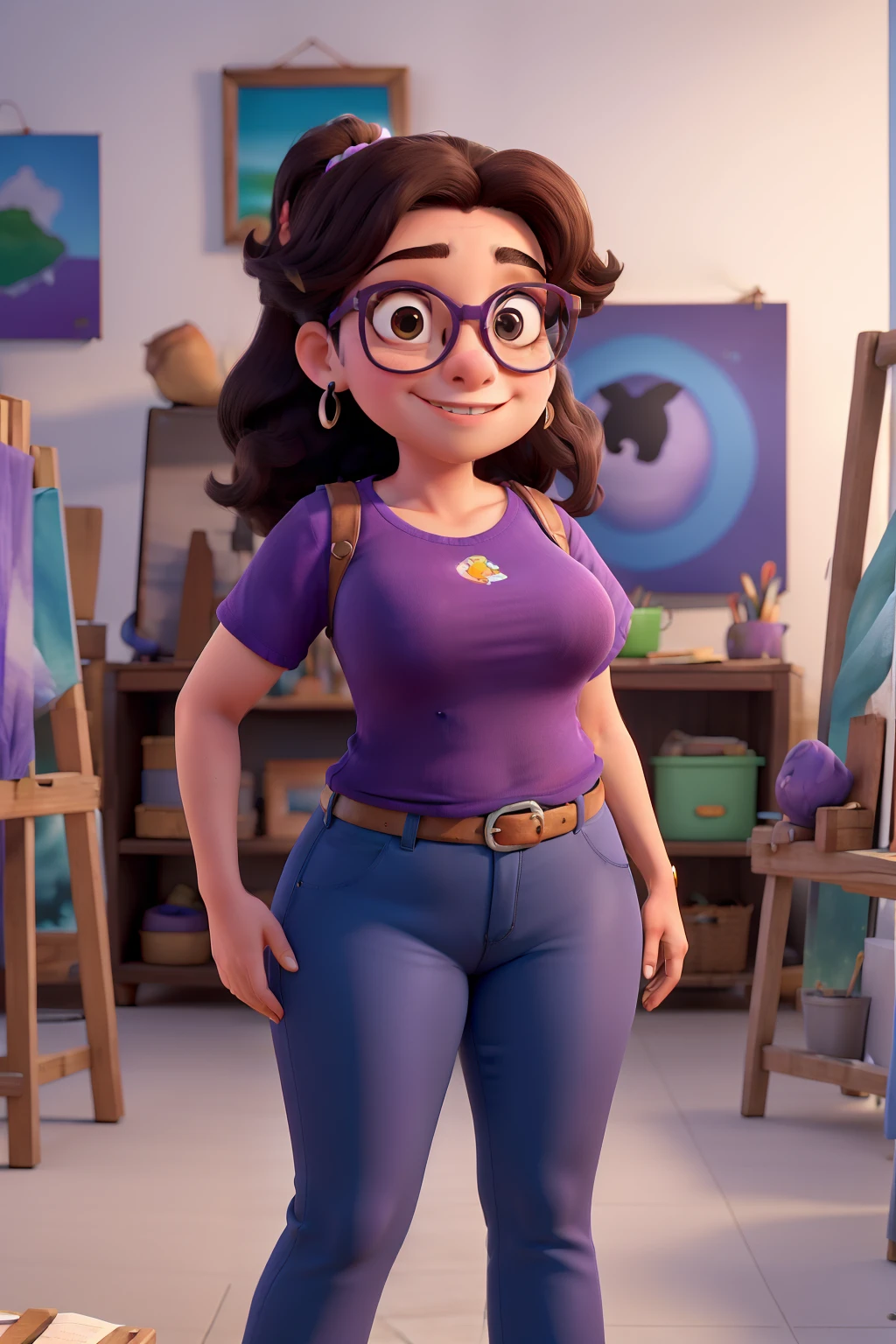 A cartoon character in a purple shirt and blue pants stands in a room -  SeaArt AI