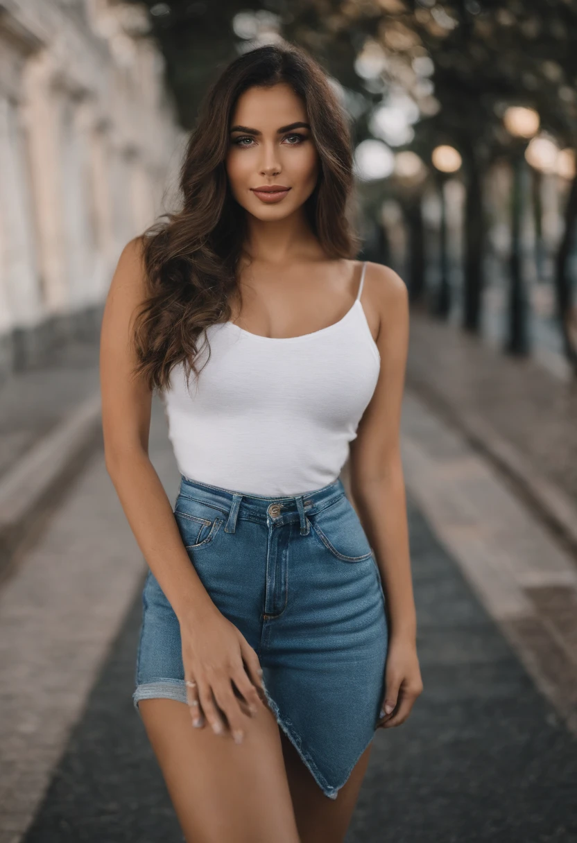 A woman in a white tank top and denim skirt posing for a picture - SeaArt AI