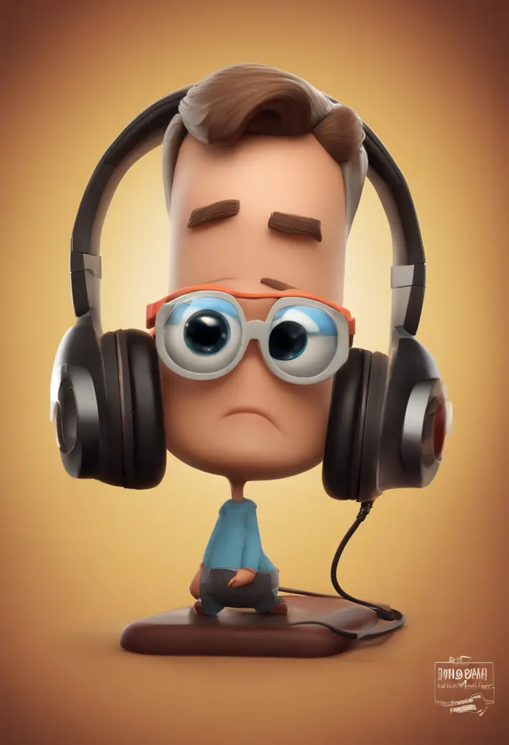 um homem, em breve, barba curta, olhos castanhos, com fones de ouvido, A music studio in the background, Imagem no estilo Pixar, Estilo de filme animado 3D, Disney, camiseta preta