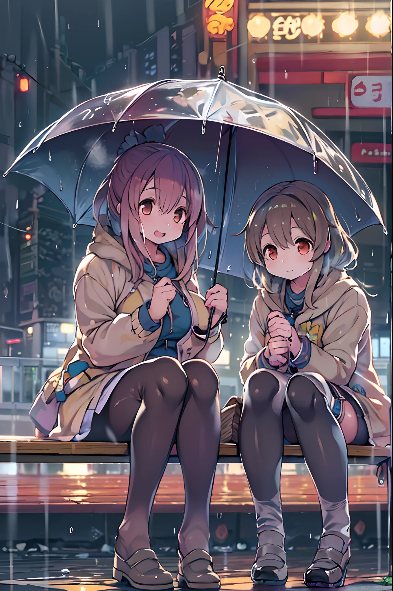 二人の女の子,雨の下、傘の下のベンチに座るアニメキャラクター, 雨