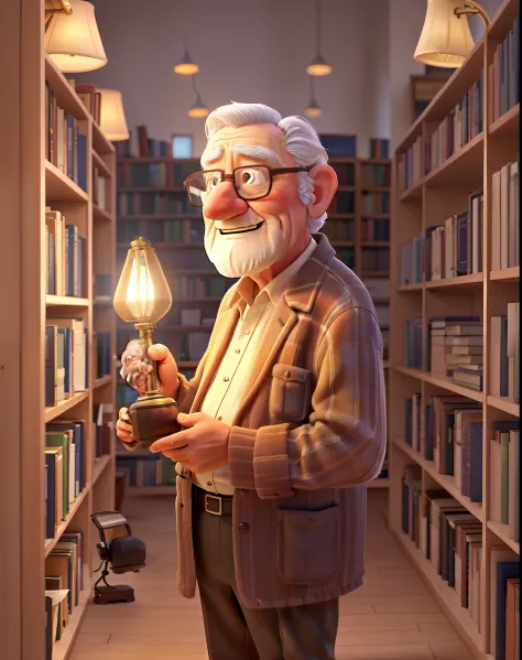 A wise old man standing in front, illuminated by the light of a lamp, against the backdrop of a library with camera and canvas
