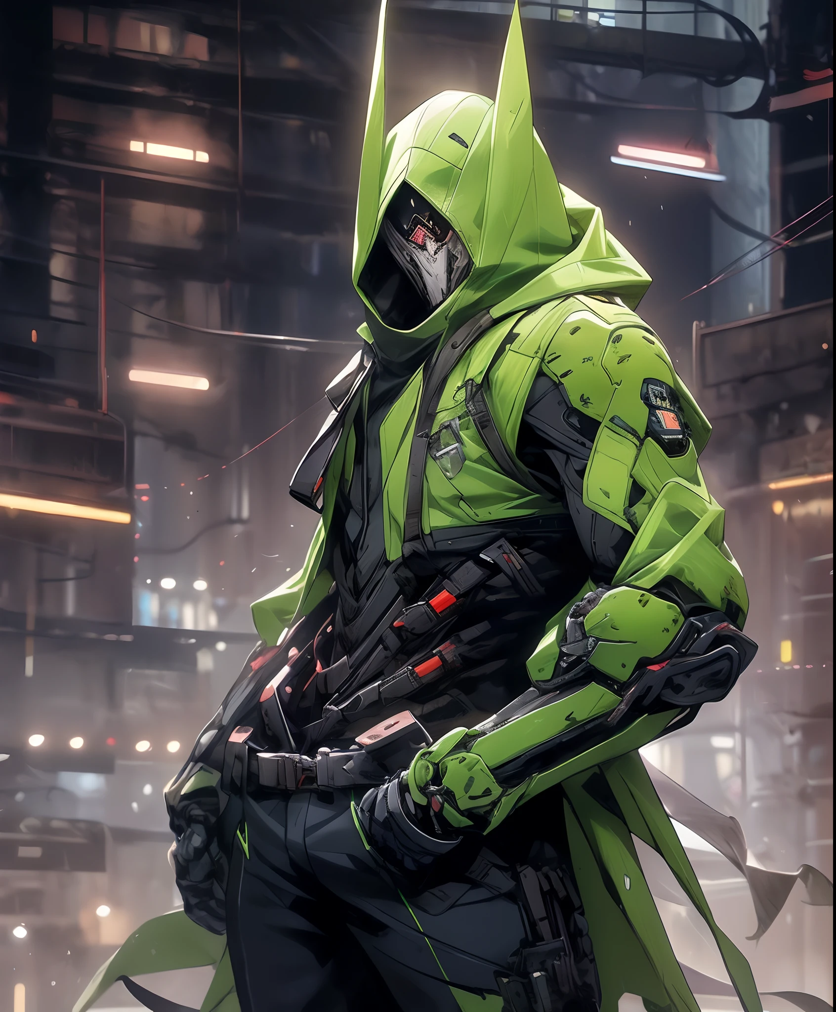 a man in a green jacket and black pants standing in a dark room, wearing cultist green robe, green attire, character from mortal kombat, as a character in tekken, fighting game character, cyberpunk assassin, green hooded mage, cyberpunk outfits, green clothes, the green ninja, wearing leather assassin armor, an edgy teen assassin, cool green jacket, cyberpunk street goon