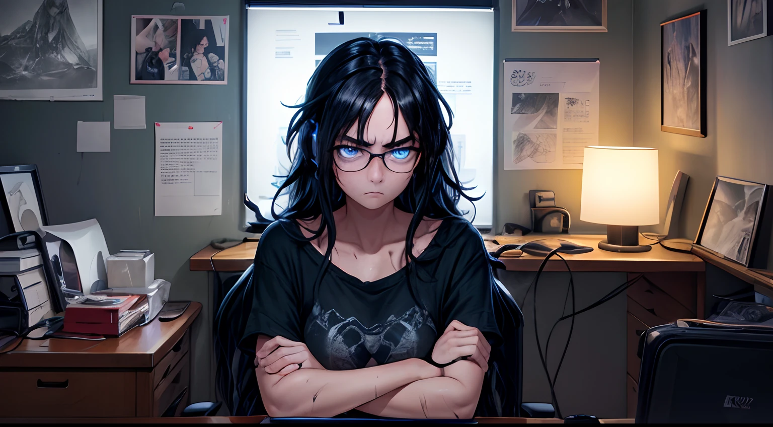 Neon glow, directional lighting, highres, masterpiece, 8k, (dark blue eyes with dark circles), tired, annoyed expression, sitting at a desk in front of a laptop computer, hunched posture, black hair, (messy hair), long greasy hair, sweaty, disheveled, unwashed, thick eyebrows, worn dirty t shirt, (wearing glasses), wearing headphones, (dark messy bedroom), (walls covered in detailed posters), multiple tangled black electrical cables, led lights, plushies, nighttime