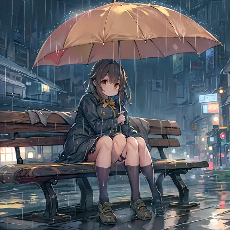 Two girls,under the rain、Anime character sitting on a bench under an umbrella, Sateen!, Sateen!!, Kantai Collection Style, Satee...