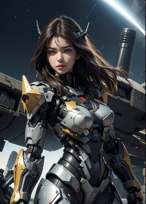 Textured skin, Super Detail, high details, High quality, Best Quality, hight resolution, 1080p, hard disk, Beautiful,(cyborgs),(Missiles from the chest),(Machine gun from both hands),beautiful cyborg woman,Mecha Cyborg Girl,Battle Mode,Girl with a Mecha Bo...