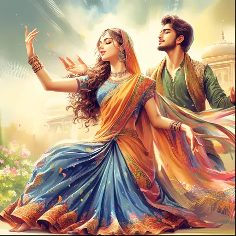 a couple of people in indian attire dancing in a garden, indian art, painting of beautiful, beautiful digital artwork, mobile wa...