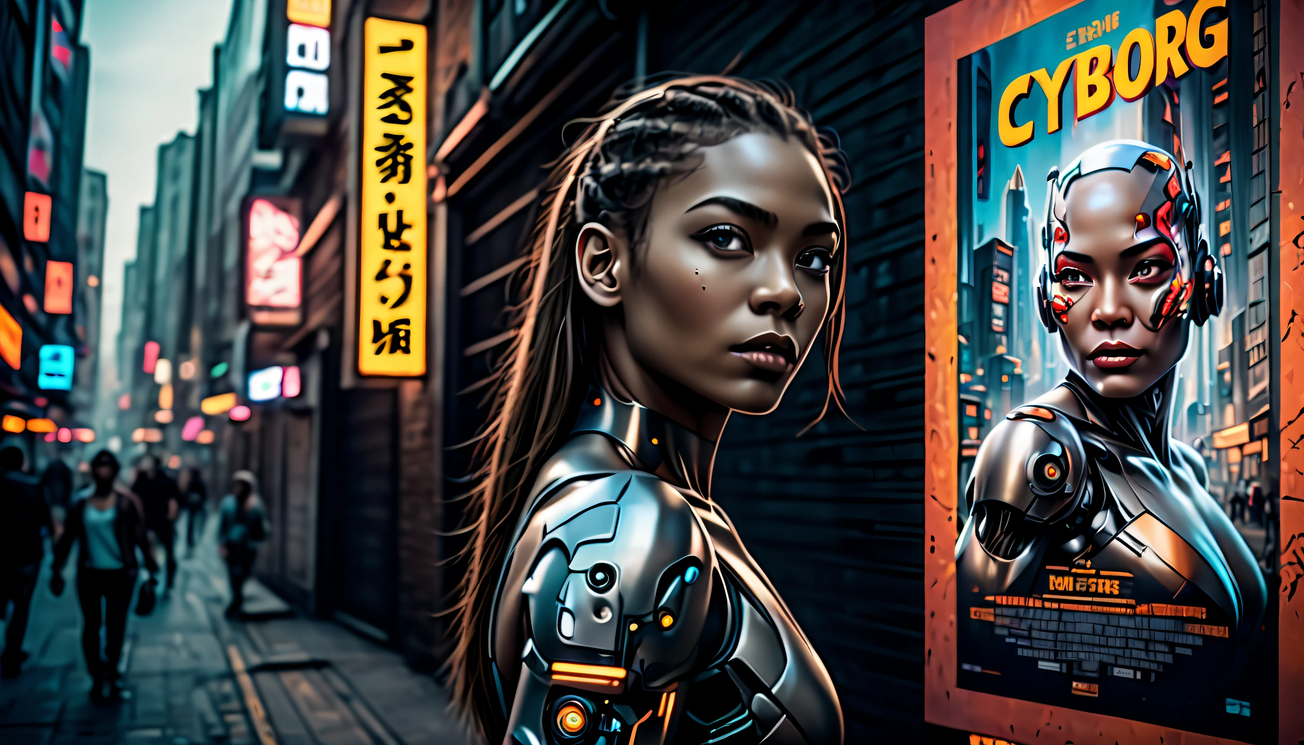 (((street-walls-pasted of cyborg-girl with movie-poster:1.3))), (((club-kids looking at movie poster:1.3))), matte painting so detailed and layered that it feels like a real place, cyber-cityscape-street-wall background intricate detail, intricate details, master piece,