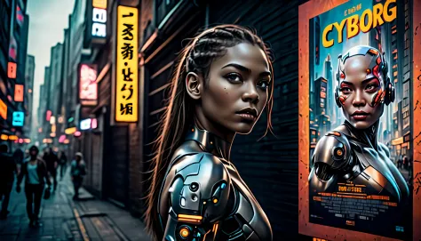 (((street-walls-pasted of cyborg-girl with movie-poster:1.3))), (((club-kids looking at movie poster:1.3))), matte painting so d...