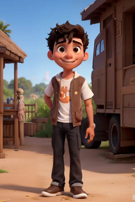 I want an AI Disney Pixar version of an 18-year-old boy who has black and medium hair,medium and brown eyes, nariz pequeno,orelhas pequenas,usando roupas estilosas, rosto gordinho, corpo gordinho,de barba
